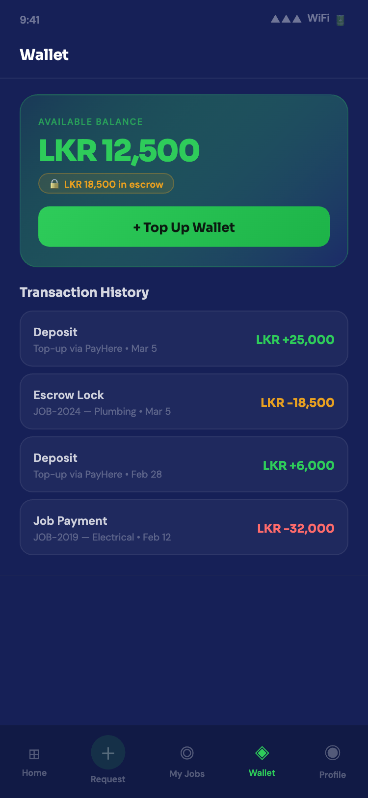 Topqer wallet screen showing available balance and escrow